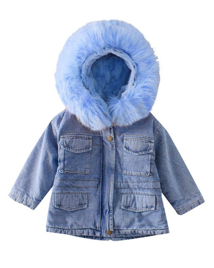 Blue Faux Fur Hooded Denim Jacket – Gemini Kidz