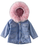 Pink Faux Fur Hooded Denim Jacket