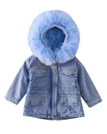 Blue Faux Fur Hooded Denim Jacket